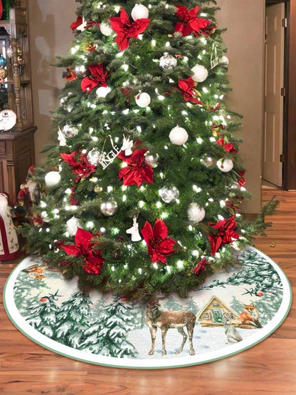 Red & Black Plaid Christmas Tree Skirt, Snowflake Pattern Round Tree Mat, Soft Decorative Base Cover for Living Room & Winter Holiday Home Decor