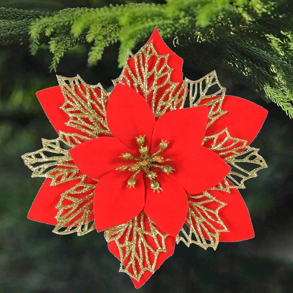 10pcs Glitter Poinsettia Ornaments with Clips & Stems, Sparkling Artificial Christmas Décor for Trees & Wreaths