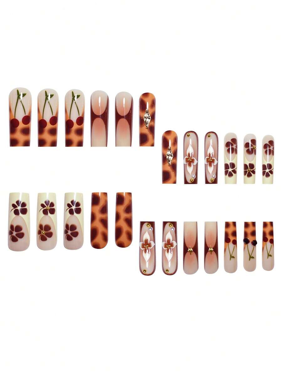 24pcs Soft French Press On Nails, Black And Red Plum Blossom Pattern, Romantic Dark Style Nail Set With File For Women Daily Wear