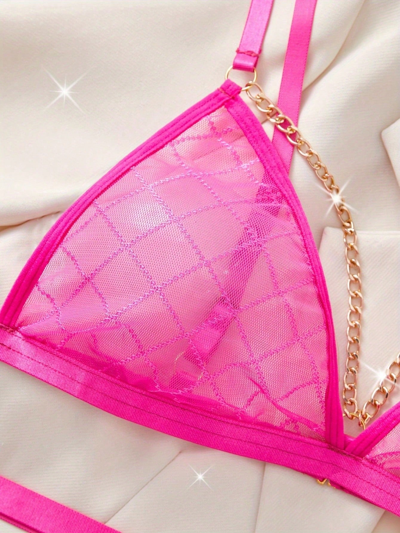 Plaid Sheer Mesh Sexy Lingerie Set with Metal Chain Bra Garter Belt and Thong