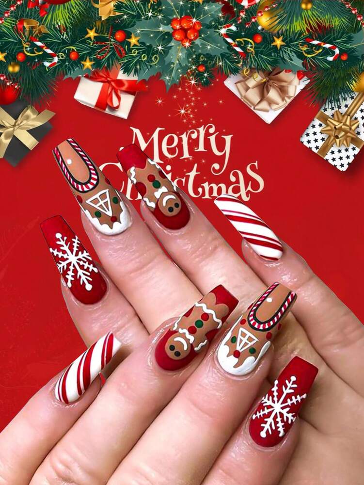 24pcs Long Ballet Christmas Press On Nails, White Snowflakes And Gingerbread Bow Design, 3D Acrylic False Nails For Women Holiday Gift