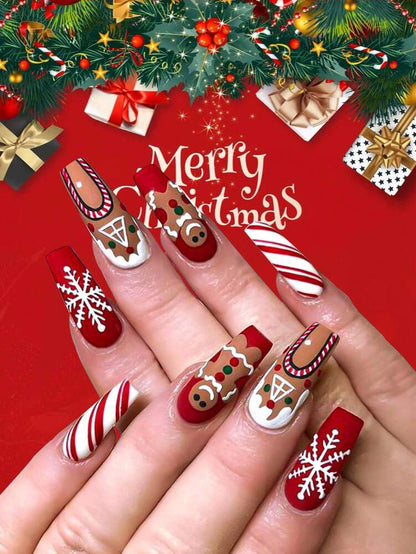 24pcs Long Ballet Christmas Press On Nails, White Snowflakes And Gingerbread Bow Design, 3D Acrylic False Nails For Women Holiday Gift