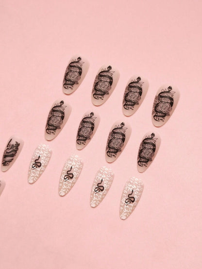 24pcs Long Stiletto French Press On Nails, White Red Cherry Pattern With 3D Bow And Pearl Decor, Romantic Bling Nail Set For Party Look