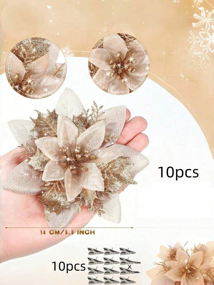 10-Piece Champagne Gold Poinsettia Set, Glitter Artificial Christmas Flowers for Tree, Wreath & Vase Decor, Elegant Holiday Home & Wedding Decorations