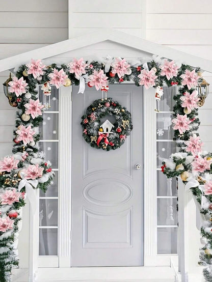 10pcs Blue Poinsettia Christmas Tree Flowers, 5.7" Artificial Holiday Ornaments, Reusable Feather-Free Floral Decorations for Xmas Trees & Home Décor