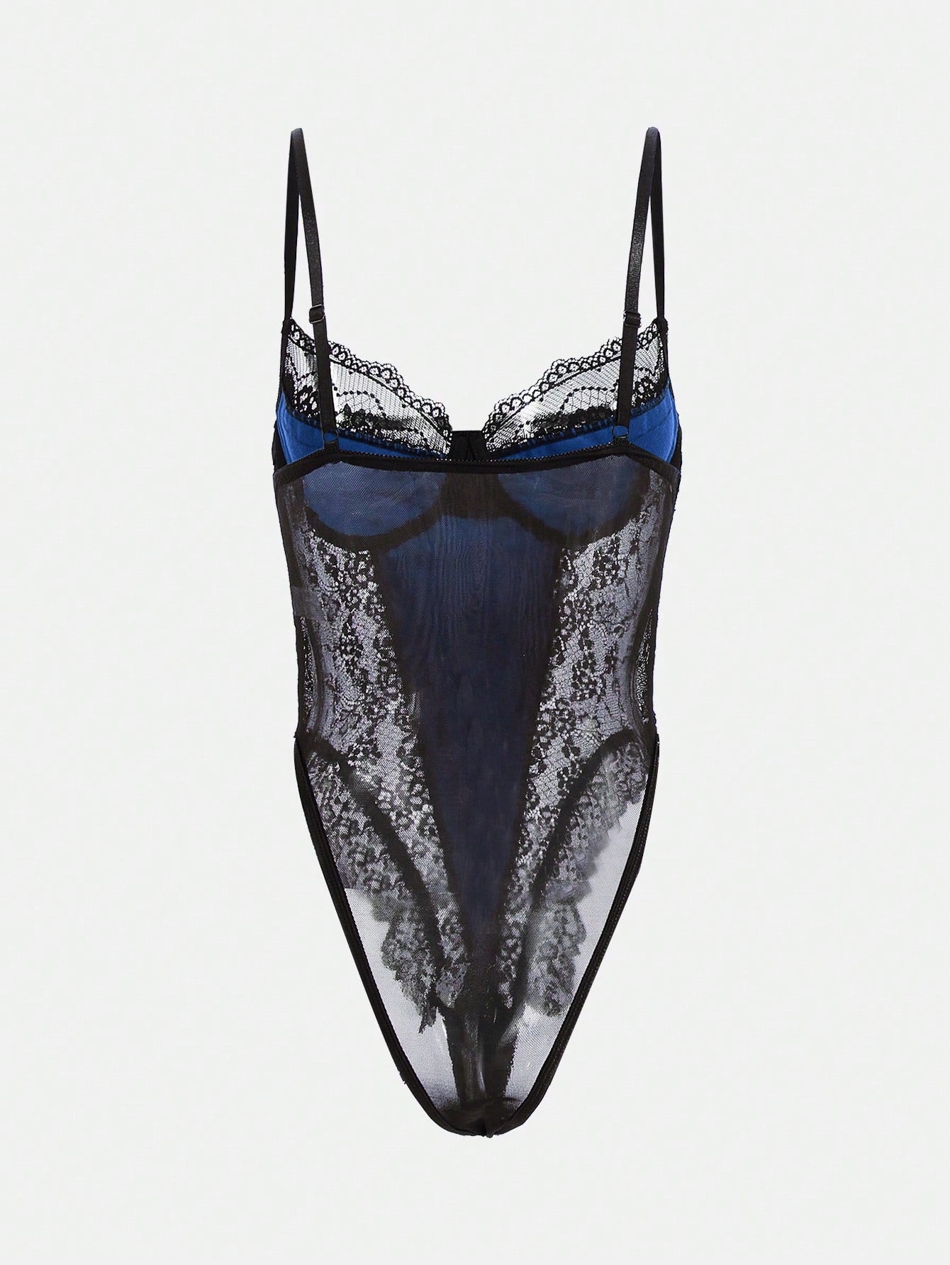 Women Contrast Lace Bodysuit With Structured One-Piece Design, Layered Lace Panel Detail, Smooth Fabric Combination, Simple Silhouette, Suitable For General Wear And Outfit Styling