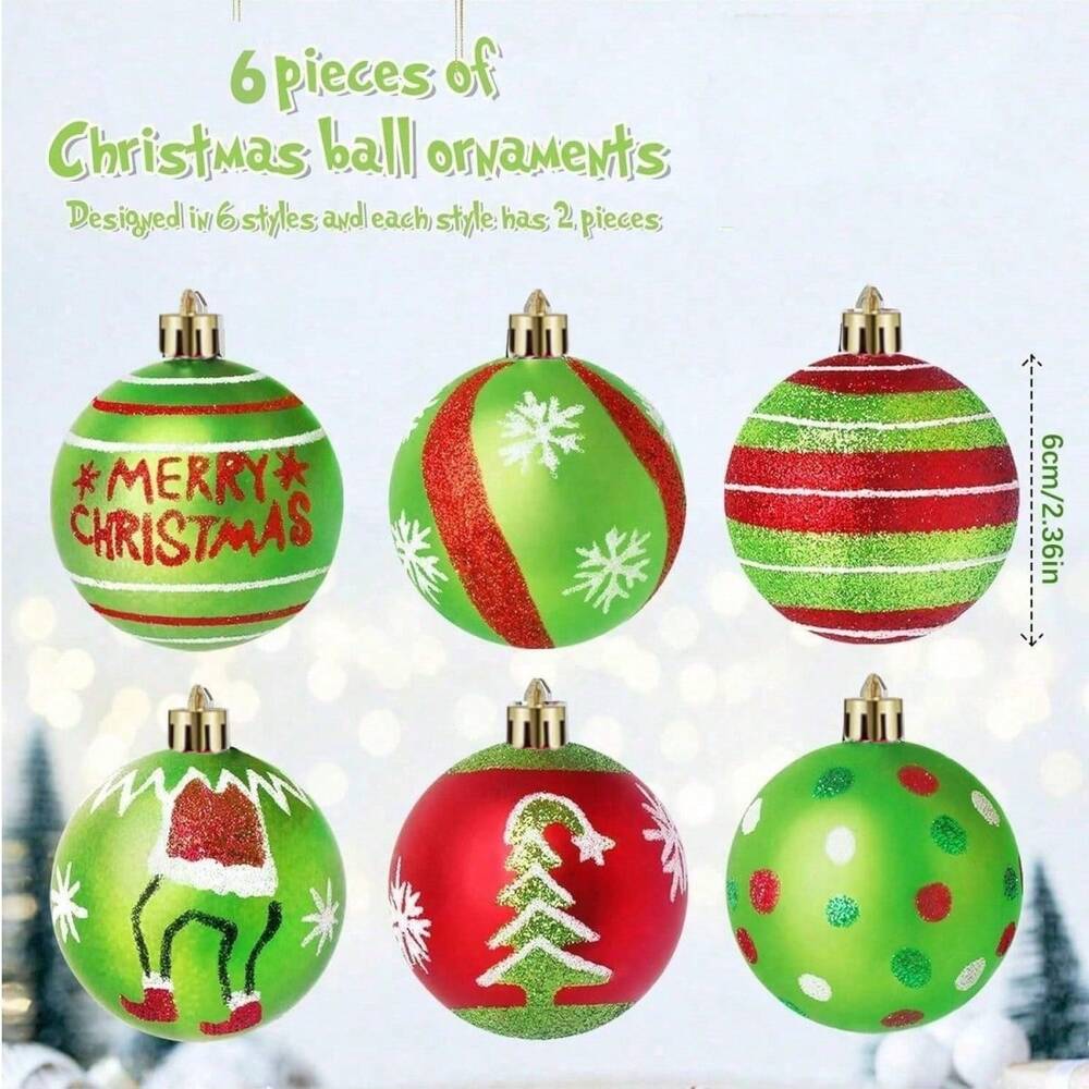 12/6pcs Glitter Christmas Ball Ornaments, Red & Green Swirl Candy and Peppermint Design for Festive Tree & Holiday Decor