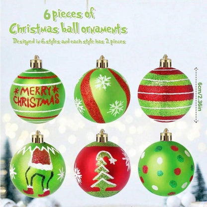 12/6pcs Glitter Christmas Ball Ornaments, Red & Green Swirl Candy and Peppermint Design for Festive Tree & Holiday Decor