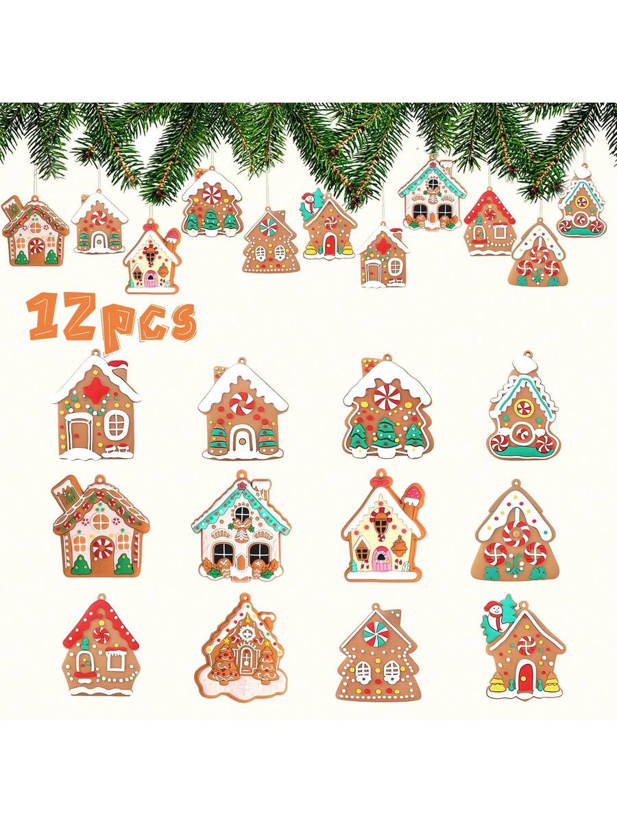12pcs Gingerbread House Hanging Ornaments, Cute Christmas Tree Decorations for Home, Parties, and Holiday Gift Giving