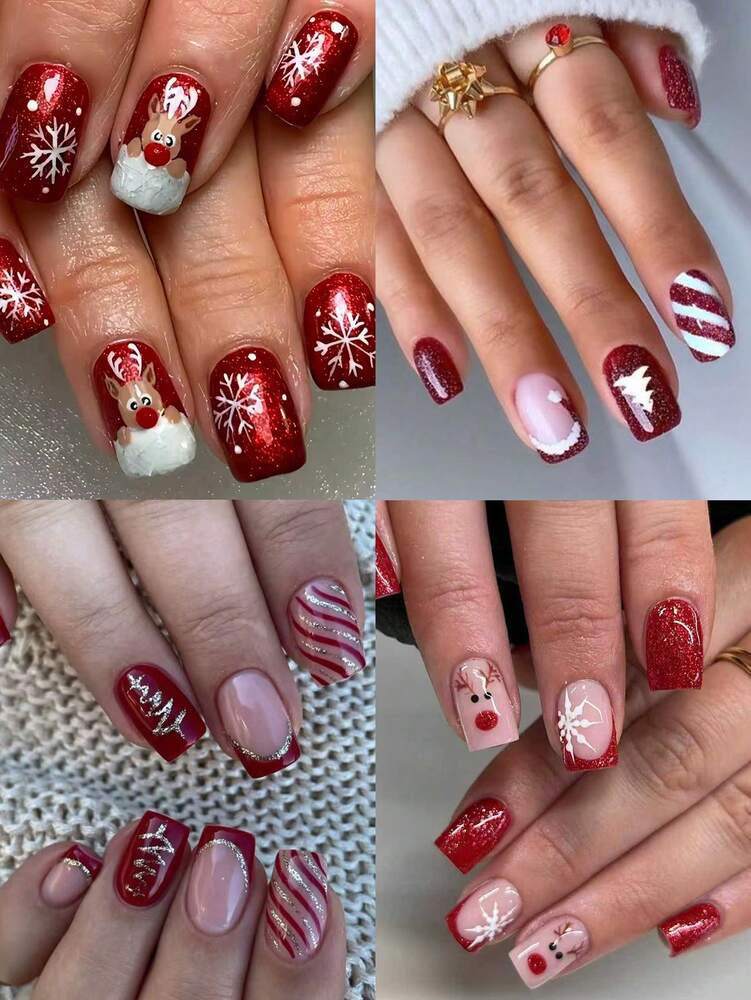 24pcs Christmas Press-On Nails, Short Square Snowman Design with Glitter French Tips, Acrylic False Nail Set with Jelly Glue & File for Holiday Wear