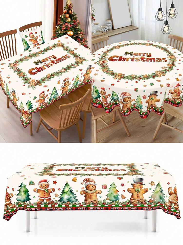 Festive Christmas Tablecloth with Snowman & Reindeer Wreath Design, Polyester Winter Table Cover for Dining Room & Kitchen Holiday Decor