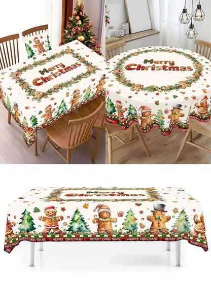 Festive Christmas Tablecloth with Snowman & Reindeer Wreath Design, Polyester Winter Table Cover for Dining Room & Kitchen Holiday Decor