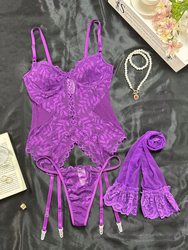 Floral Lace Underwire Garter Corset Lingerie Set with Stockings