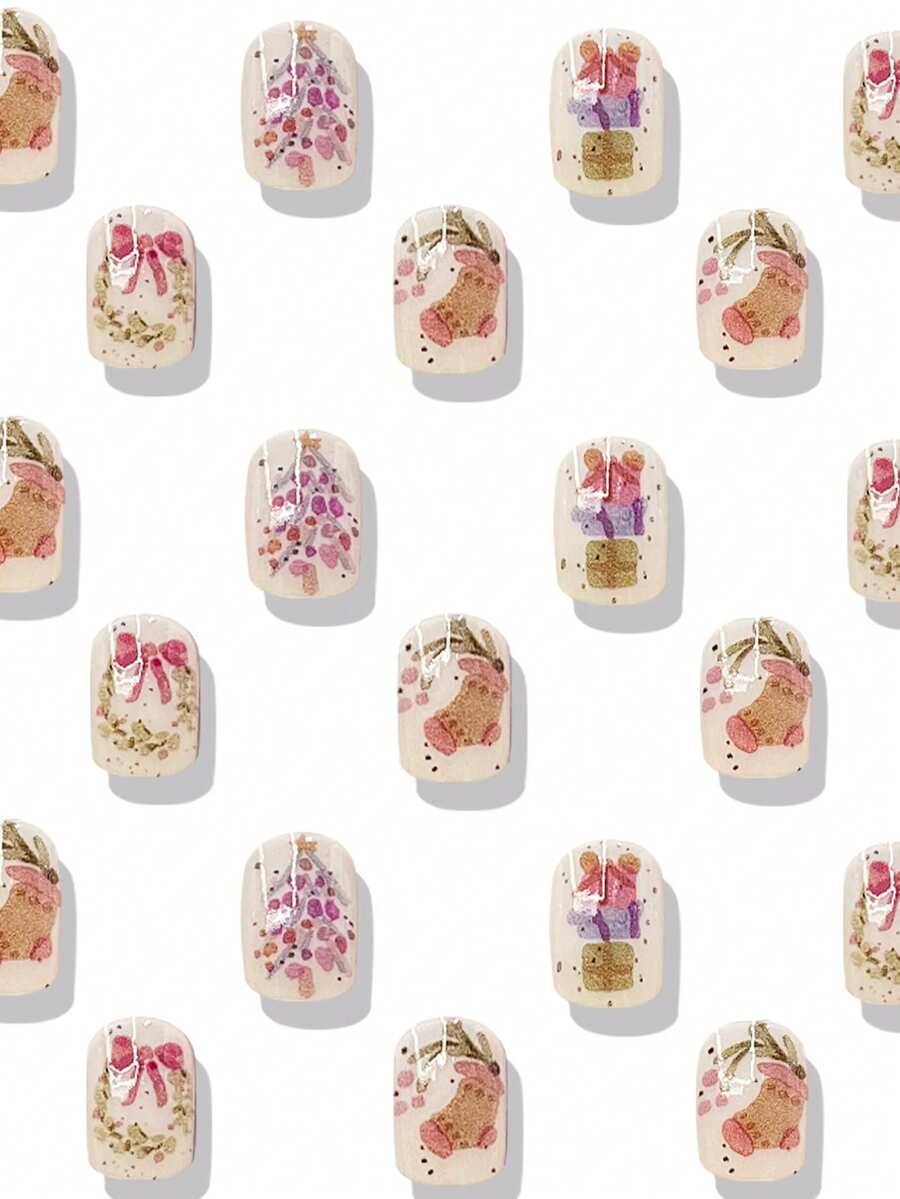 24pcs Short Red Christmas Press On Nails, Snowflake Glitter Design, Blue And Red Winter False Nails For Women, Easy To Apply Nail Supplies