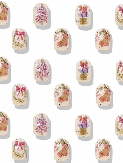 24pcs Short Red Christmas Press On Nails, Snowflake Glitter Design, Blue And Red Winter False Nails For Women, Easy To Apply Nail Supplies