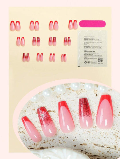 24pcs Long Coffin Christmas Press On Nails, White Elk And Snowflake Design With Gold Glitter, Elegant Glossy Nail Set For Women Daily Use