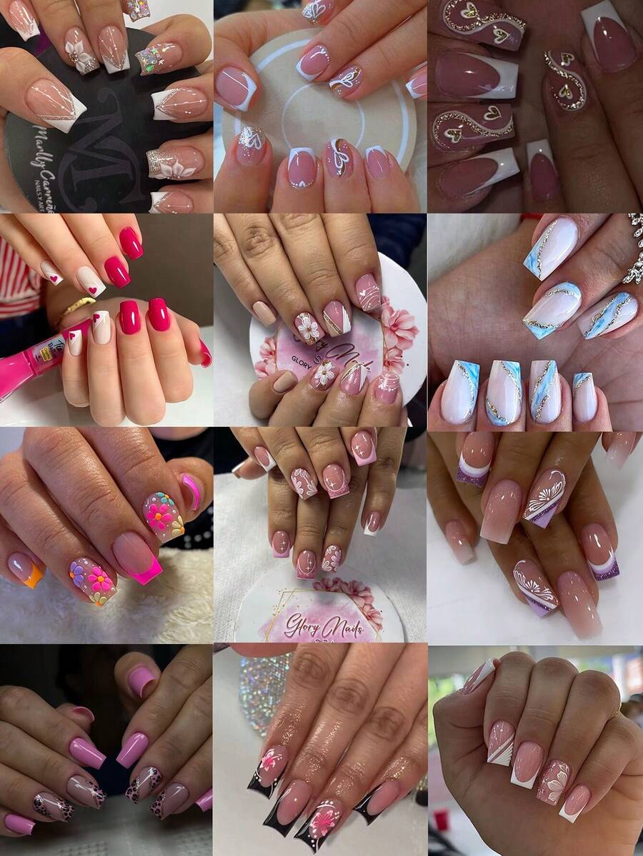 24pcs Medium Square Christmas Press On Nails, Red French Glitter Snowflake Candy Design, Bling Acrylic False Nails For Women Holiday Wear