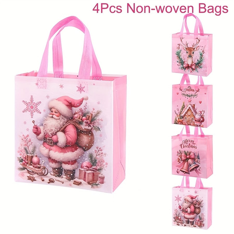 8pcs Pink Christmas Tote Bags with Handles, Reusable Non-Woven Gift Bags with Santa, Elk & Bell Prints for Holiday Packaging & Festive Decor