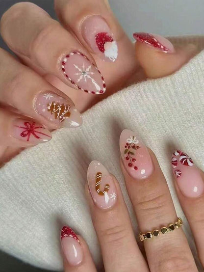 24pcs Almond Christmas Press On Nails, Red Santa Hat Short False Nails, Holiday Nail Set For Women, Office, Date, Party & Everyday Wear