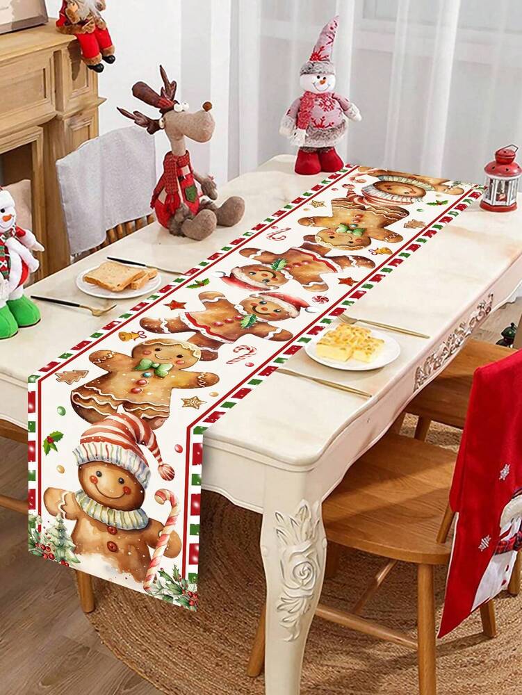 Gingerbread Man Christmas Table Runner, 35x180cm Polyester Holiday Table Flag, Festive Dining Room Décor for Christmas & Winter Home Use
