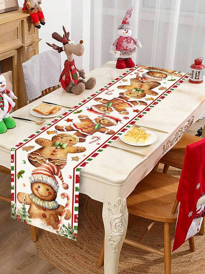 Gingerbread Man Christmas Table Runner, 35x180cm Polyester Holiday Table Flag, Festive Dining Room Décor for Christmas & Winter Home Use