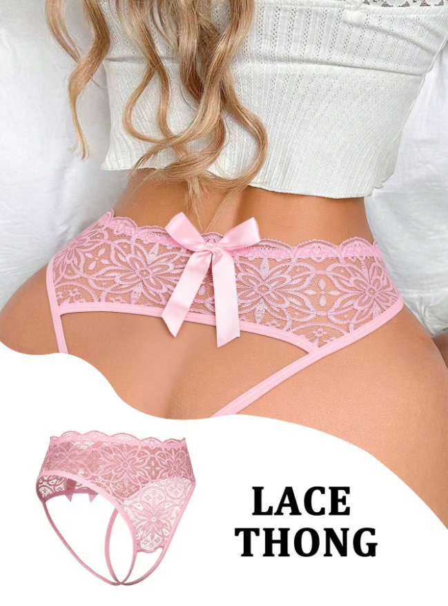 Sexy Backside Open Bowknot Lace Patchwork Panties Bowknot For Going Out