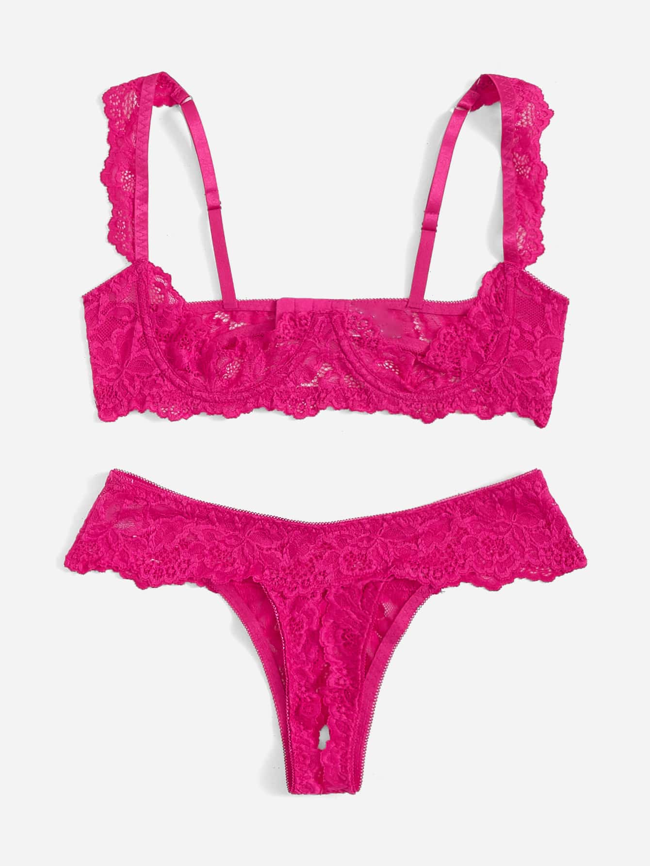 Women's sheer lace underwire bra and thong set with open cup bra, adjustable spaghetti straps, and matching low rise V-string thong in a 2-piece lingerie set.