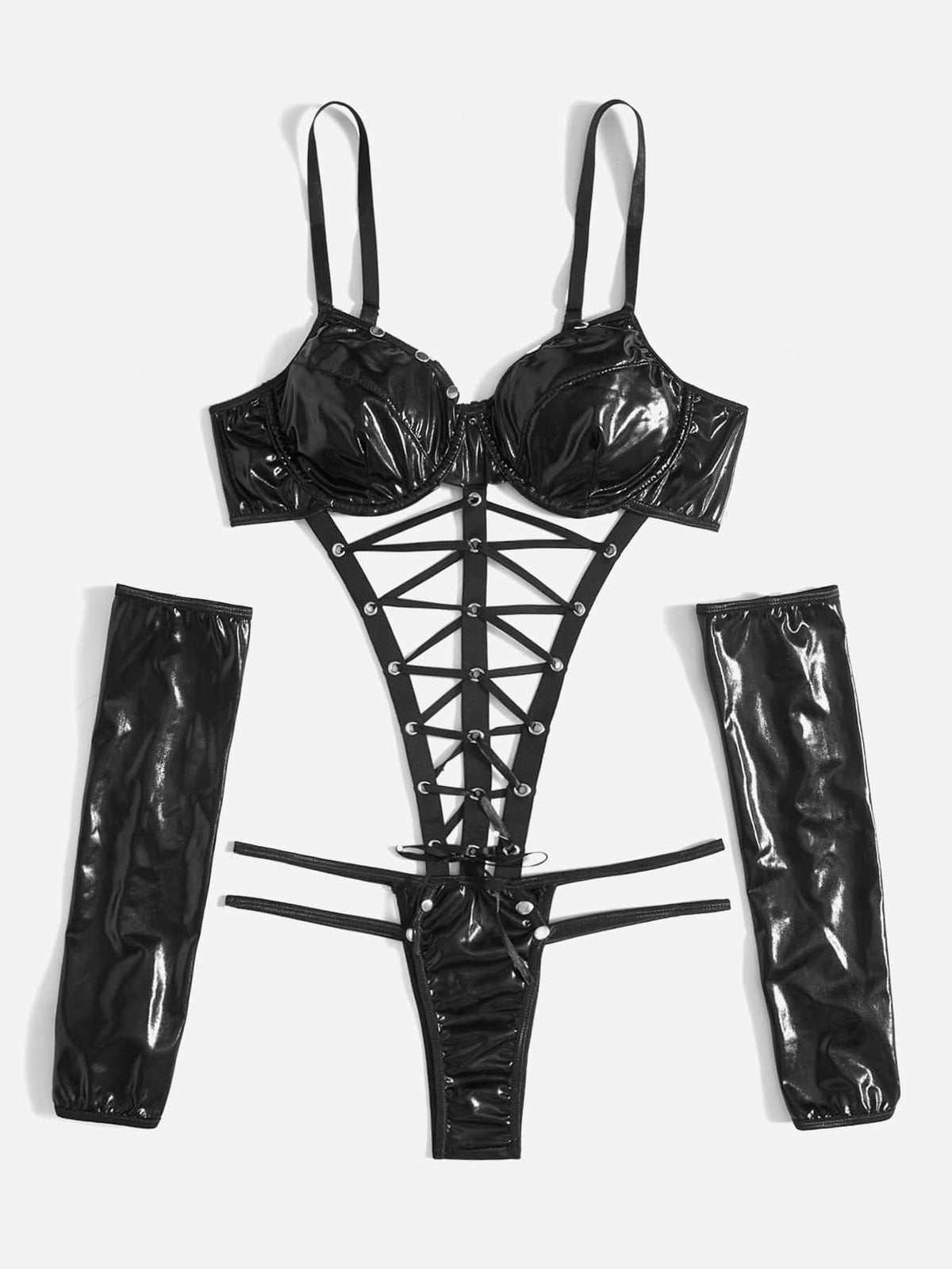 Women's black goth teddy bodysuit featuring front lace-up details, cut-out accent, adjustable spaghetti straps, paired with matching oversleeves.