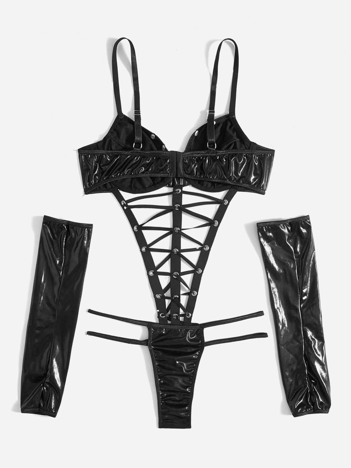 Women's black goth teddy bodysuit featuring front lace-up details, cut-out accent, adjustable spaghetti straps, paired with matching oversleeves.