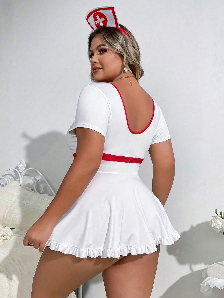 Front view of black nurse cosplay costume dress featuring a sweetheart neckline with frill details, short sleeves, adjustable straps, and a short skirt design.