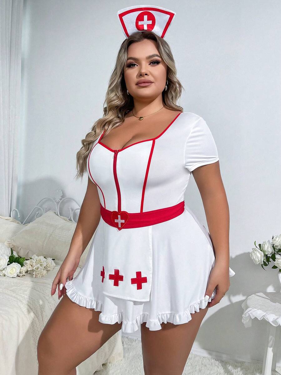 Front view of black nurse cosplay costume dress featuring a sweetheart neckline with frill details, short sleeves, adjustable straps, and a short skirt design.
