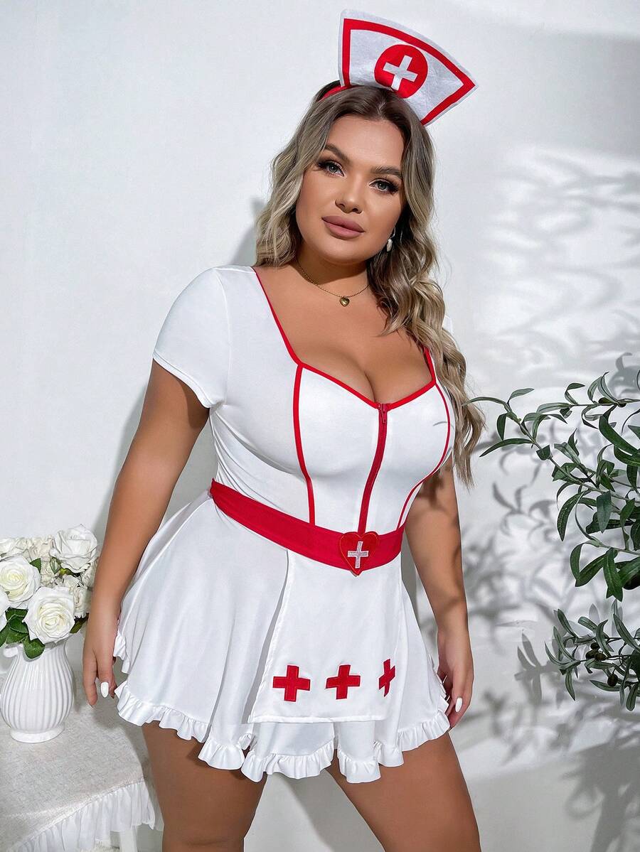 Front view of black nurse cosplay costume dress featuring a sweetheart neckline with frill details, short sleeves, adjustable straps, and a short skirt design.