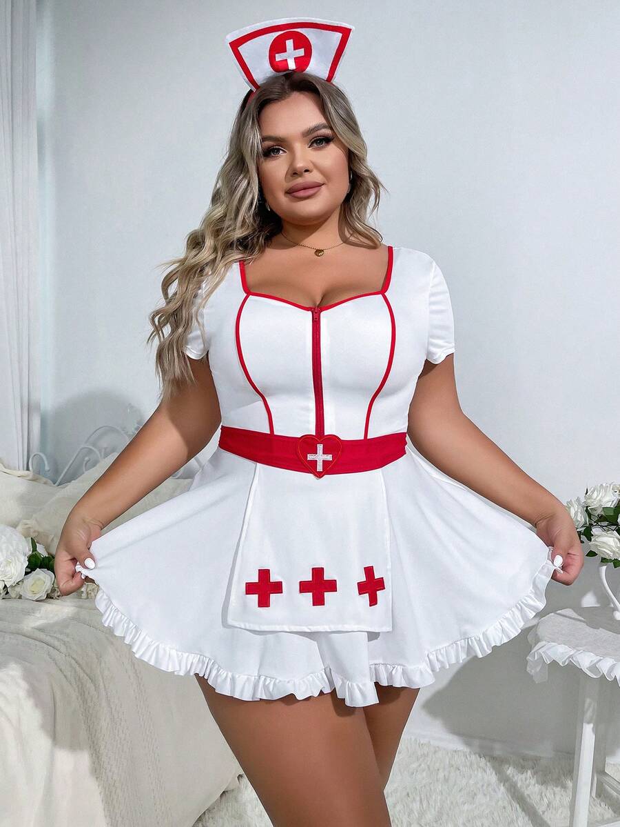 Front view of black nurse cosplay costume dress featuring a sweetheart neckline with frill details, short sleeves, adjustable straps, and a short skirt design.