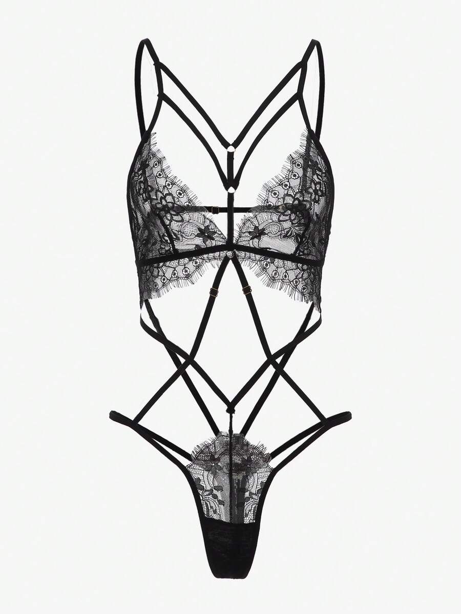 Black floral lace cut-out teddy bodysuit lingerie featuring backless criss-cross design and adjustable spaghetti straps.