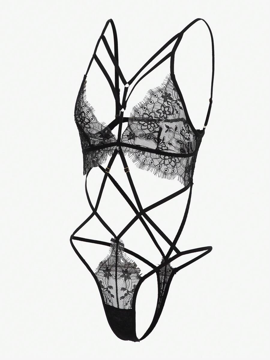 Black floral lace cut-out teddy bodysuit lingerie featuring backless criss-cross design and adjustable spaghetti straps.