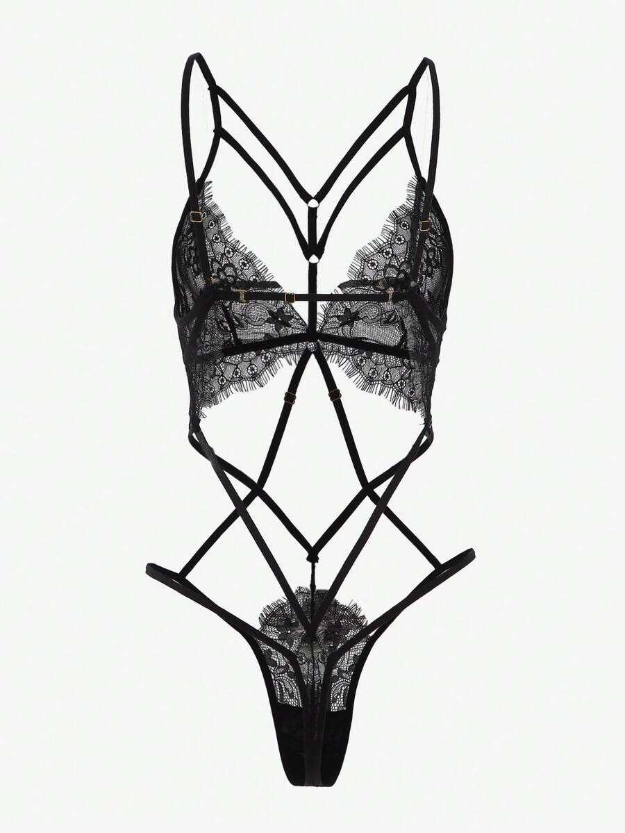 Black floral lace cut-out teddy bodysuit lingerie featuring backless criss-cross design and adjustable spaghetti straps.