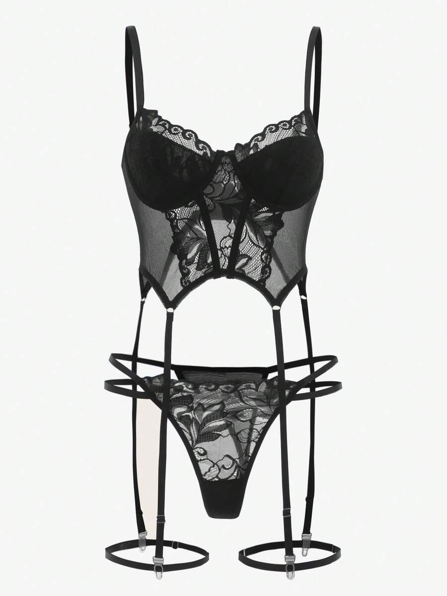 Women's black floral lace corset lingerie set featuring cut out details, underwire demi bra, adjustable straps, and matching thong.