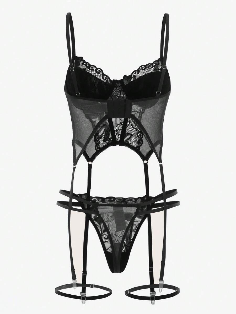 Women's black floral lace corset lingerie set featuring cut out details, underwire demi bra, adjustable straps, and matching thong.