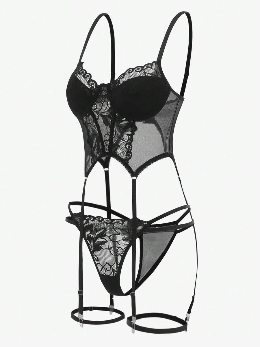 Women's black floral lace corset lingerie set featuring cut out details, underwire demi bra, adjustable straps, and matching thong.