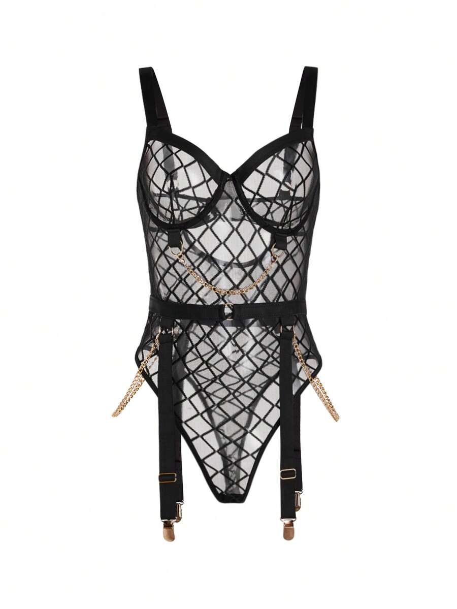 Black mesh cut-out underwire teddy bodysuit lingerie with chain detail, push-up cups, adjustable spaghetti straps, and high-rise thong bottom.
