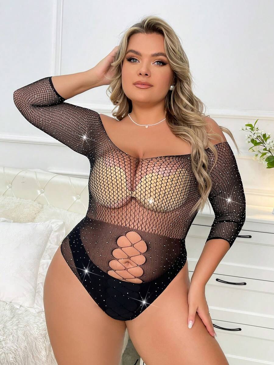 Black plus size rhinestone studded fishnet teddy bodysuit featuring sheer fabric, cut-out details, scoop neckline, and crossback straps.