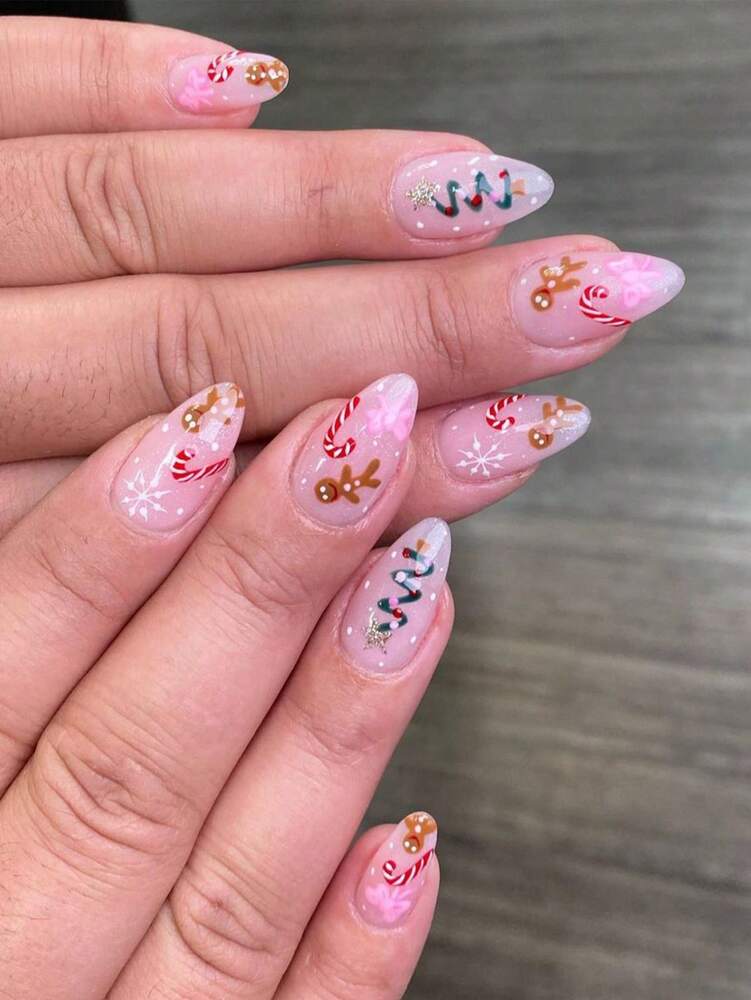 24pcs Almond Christmas Press On Nails, Red Santa Hat Short False Nails, Holiday Nail Set For Women, Office, Date, Party & Everyday Wear