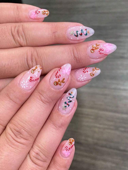 24pcs Almond Christmas Press On Nails, Red Santa Hat Short False Nails, Holiday Nail Set For Women, Office, Date, Party & Everyday Wear