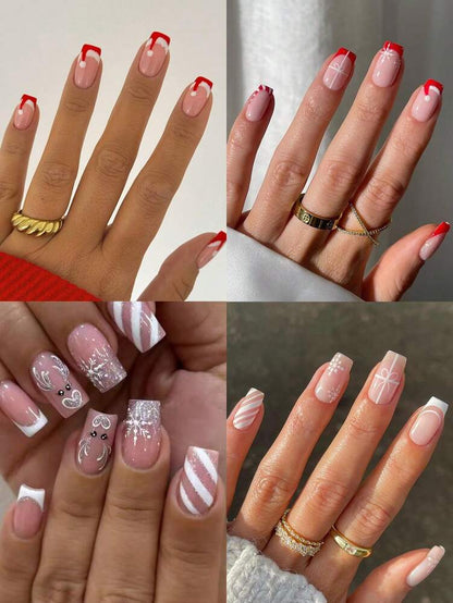 24pcs Christmas Press-On Nails, Short Square Snowman Design with Glitter French Tips, Acrylic False Nail Set with Jelly Glue & File for Holiday Wear