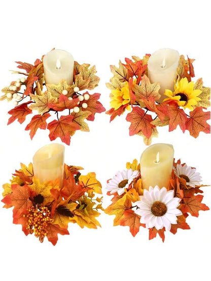 Christmas Candle Ring Holder with Red Flowers, Gold Berries & Greenery, Holiday Table Centerpiece