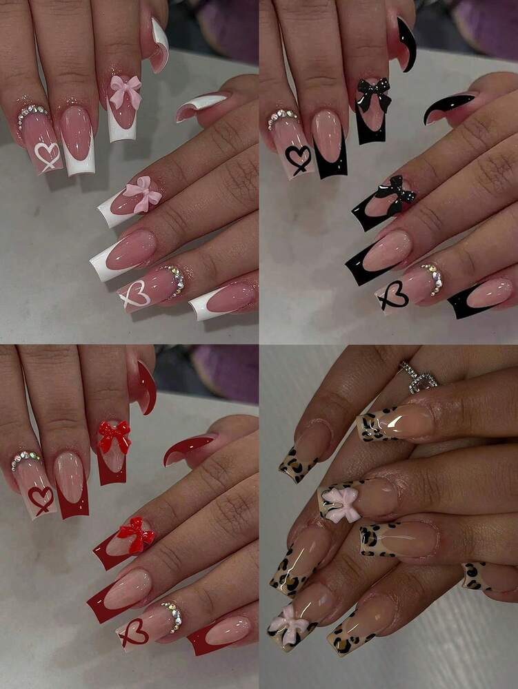 24pcs Long Ballet Christmas Press On Nails, White Snowflakes And Gingerbread Bow Design, 3D Acrylic False Nails For Women Holiday Gift