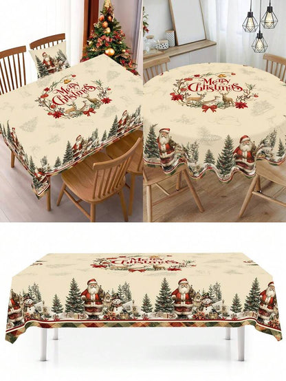 Festive Christmas Tablecloth with Snowman & Reindeer Wreath Design, Polyester Winter Table Cover for Dining Room & Kitchen Holiday Decor