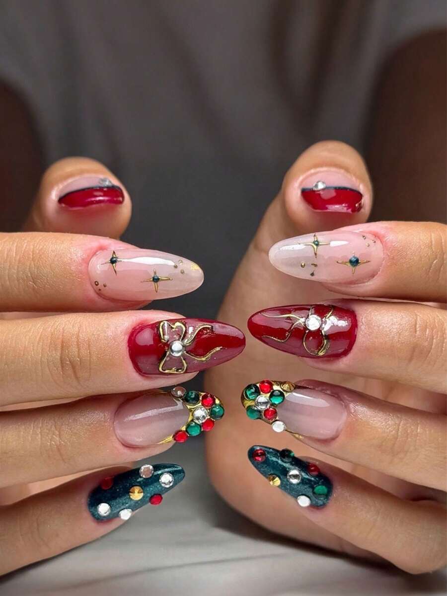 24pcs Red Glitter Christmas Press On Nails, Short Square Bling False Nails With Cute Elk Grid Design, Festive Nail Set Gift For Women Party Wear