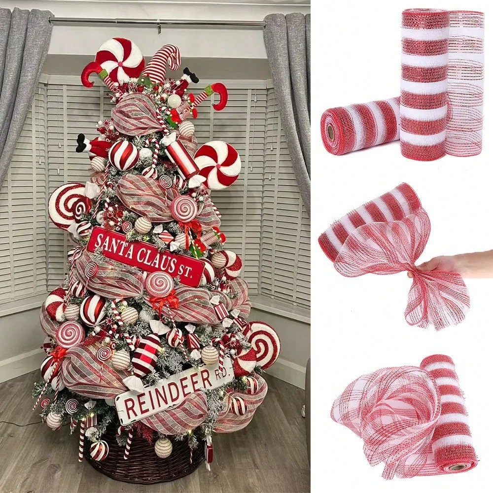 9m Christmas Mesh Ribbon Roll, Decorative Holiday Mesh for Tree, Wreaths, Gift Wrapping & DIY Crafts, Festive Party & Home Decor