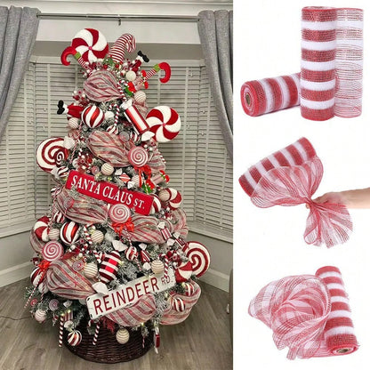 9m Christmas Mesh Ribbon Roll, Decorative Holiday Mesh for Tree, Wreaths, Gift Wrapping & DIY Crafts, Festive Party & Home Decor